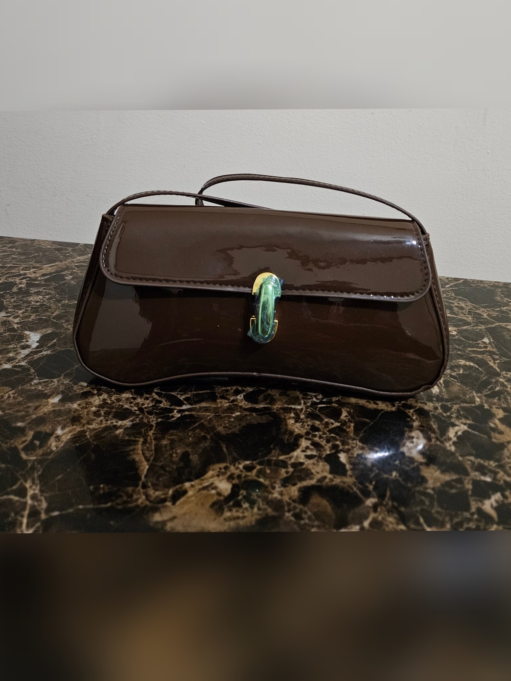 Brown Patent Leather Shoulder Bag with Gold Accent